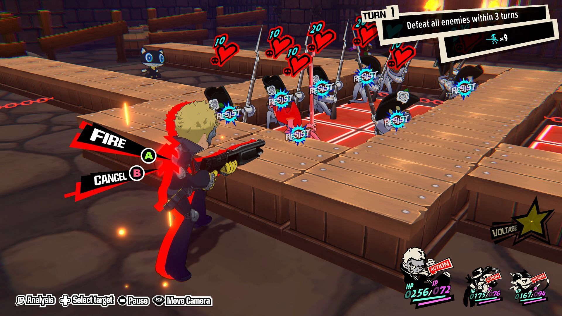 Ryuji's ranged weapon can one-shot a group of enemies (Image via Persona 5 Tactica)